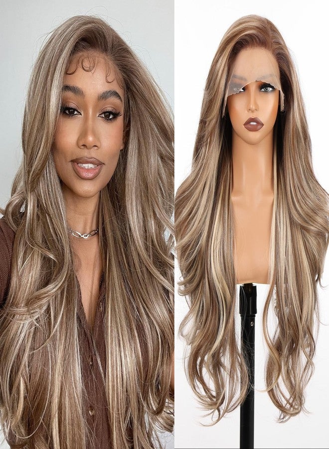 Allbell 13x6 HD Lace Wigs Honey Blonde Synthetic Lace Front Wig Preplucked Hairline with Baby Hair 28inch Long Body Wave Lace Wigs for Women(Brown with Blonde Highlights) - Image 1